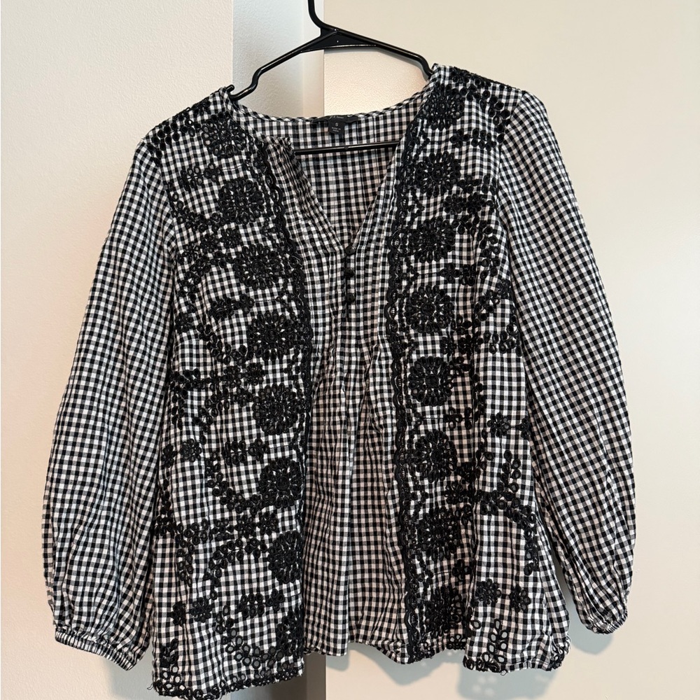 Black & White Gingham Embroidered Women's Blouse